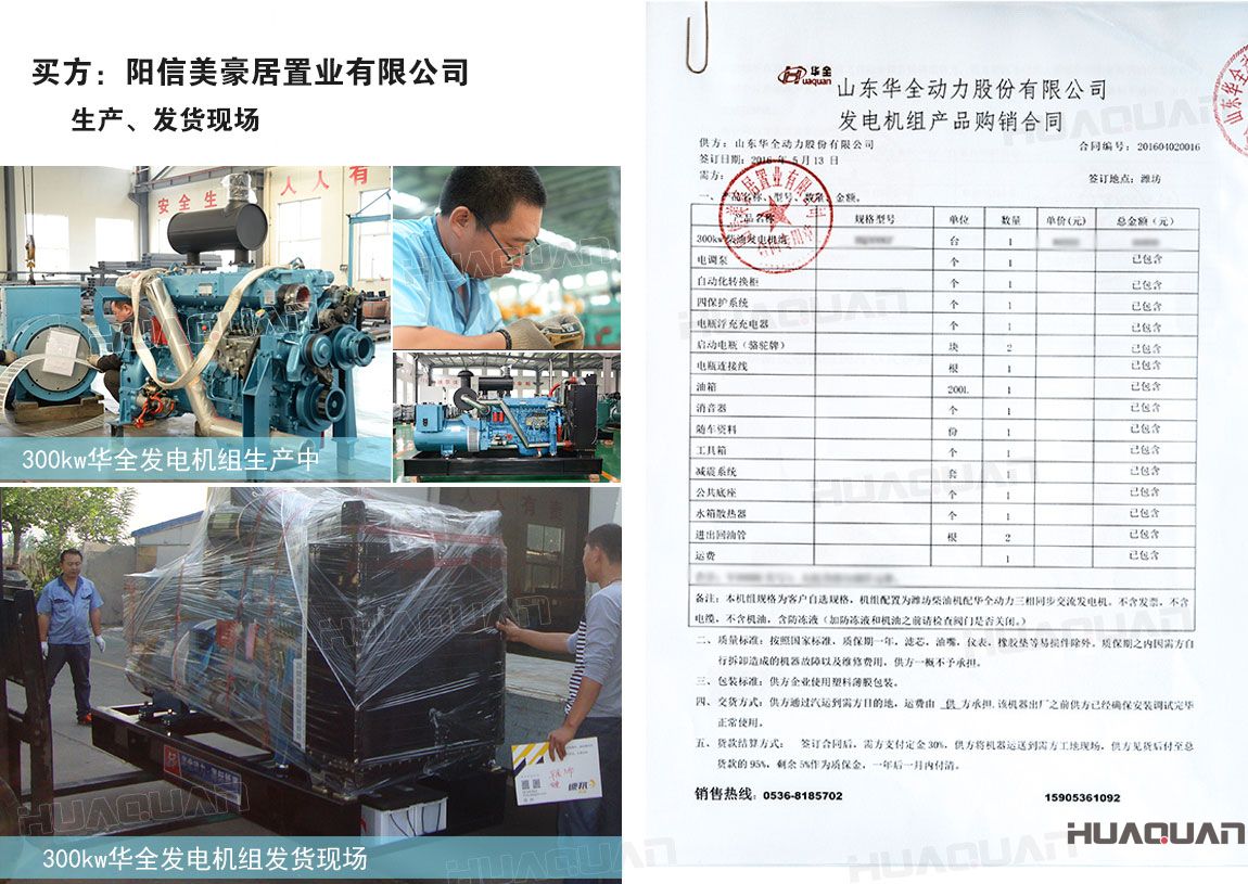 陽信美豪居置業(yè)有限公司在華全動力采購300kw柴油發(fā)電機組一臺